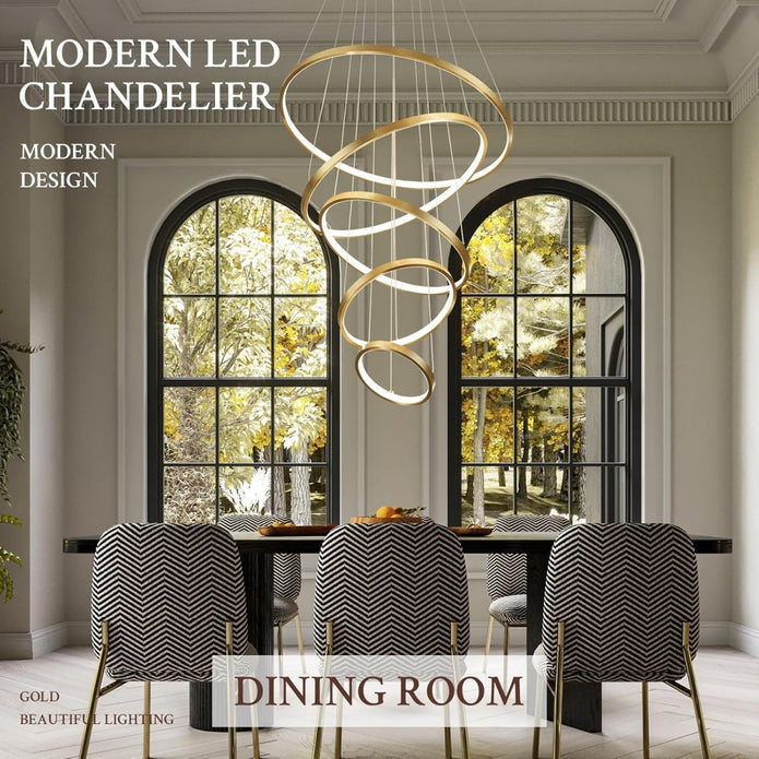 BAMDECOR A18801 Modern LED Chandelier, Dimmable Pendant Light with Remote Control Rings Round Ceiling V255-BAM-18801/5-GOLD