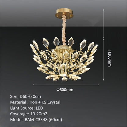 BAMDECOR C3348 Modern Luxury Crystal-leaf Chandelier LED Fashion Creativity Pendant Ceiling Lights(60cm-Gold) V255-BAM-C3348-60