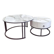 Snowy Mountain Faux Modern Marble Slate Nesting Coffee Table Set Leather Wrapped Wood Drawers V255-CT-NESTING-BLKFRM-CW-WH