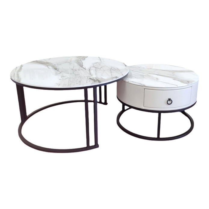 Snowy Mountain Faux Modern Marble Slate Nesting Coffee Table Set Leather Wrapped Wood Drawers V255-CT-NESTING-BLKFRM-CW-WH