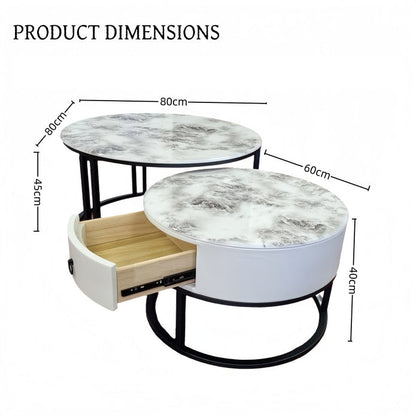 Snowy Mountain Faux Modern Marble Slate Nesting Coffee Table Set Leather Wrapped Wood Drawers V255-CT-NESTING-BLKFRM-CW-WH