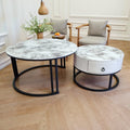 Snowy Mountain Faux Modern Marble Slate Nesting Coffee Table Set Leather Wrapped Wood Drawers V255-CT-NESTING-BLKFRM-VOL0806