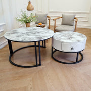 Snowy Mountain Faux Modern Marble Slate Nesting Coffee Table Set Leather Wrapped Wood Drawers V255-CT-NESTING-BLKFRM-VOL0806