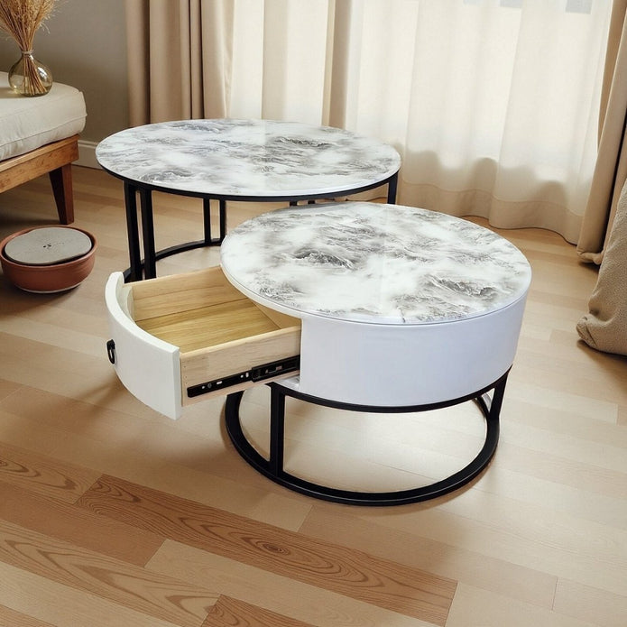 Snowy Mountain Faux Modern Marble Slate Nesting Coffee Table Set Leather Wrapped Wood Drawers V255-CT-NESTING-BLKFRM-VOL0806