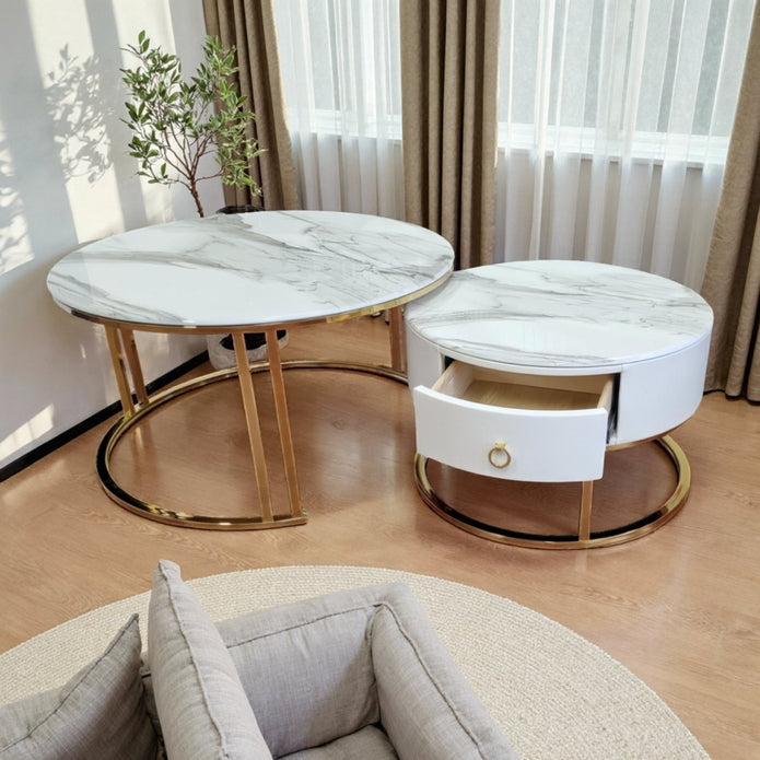 Snowy Mountain Faux Modern Marble Slate Nesting Coffee Table Set Leather Wrapped Wood Drawers V255-CT-NESTING-GOLDFRM-CW-WH