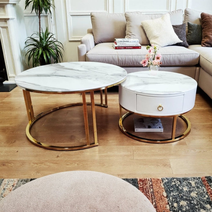 Snowy Mountain Faux Modern Marble Slate Nesting Coffee Table Set Leather Wrapped Wood Drawers V255-CT-NESTING-GOLDFRM-CW-WH