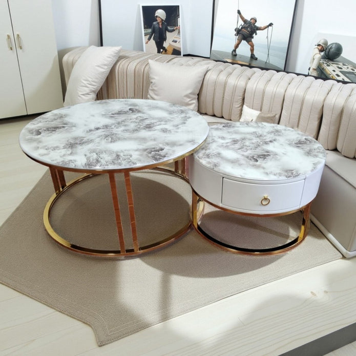Snowy Mountain Faux Modern Marble Slate Nesting Coffee Table Set Leather Wrapped Wood Drawers V255-CT-NESTING-GOLDFRM-VOL0806