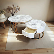 Snowy Mountain Faux Modern Marble Slate Nesting Coffee Table Set Leather Wrapped Wood Drawers V255-CT-NESTING-GOLDFRM-VOL0806