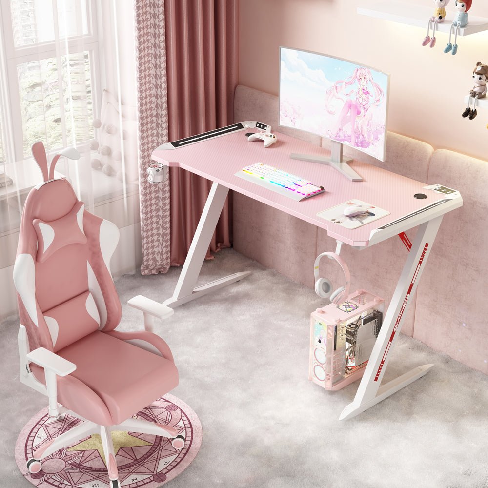 120cm RGB Gaming Desk Home Office Carbon Fiber Led Lights Game Racer Computer PC Table Z-Shaped Pink V255-D2108-120CM