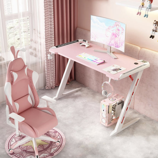 120cm RGB Gaming Desk Home Office Carbon Fiber Led Lights Game Racer Computer PC Table Z-Shaped Pink V255-D2108-120CM