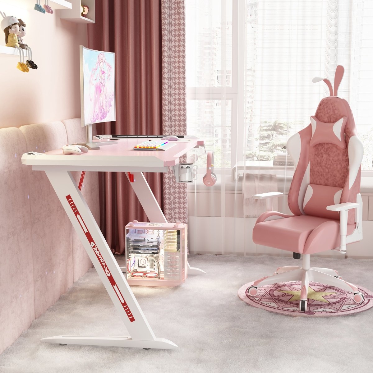 140cm RGB Gaming Desk Home Office Carbon Fiber Led Lights Game Racer Computer PC Table Z-Shaped Pink V255-D2108-140CM