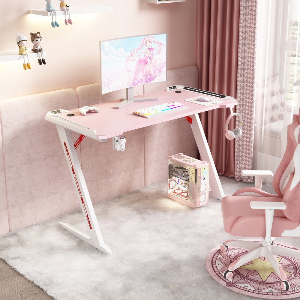 140cm RGB Gaming Desk Home Office Carbon Fiber Led Lights Game Racer Computer PC Table Z-Shaped Pink V255-D2108-140CM