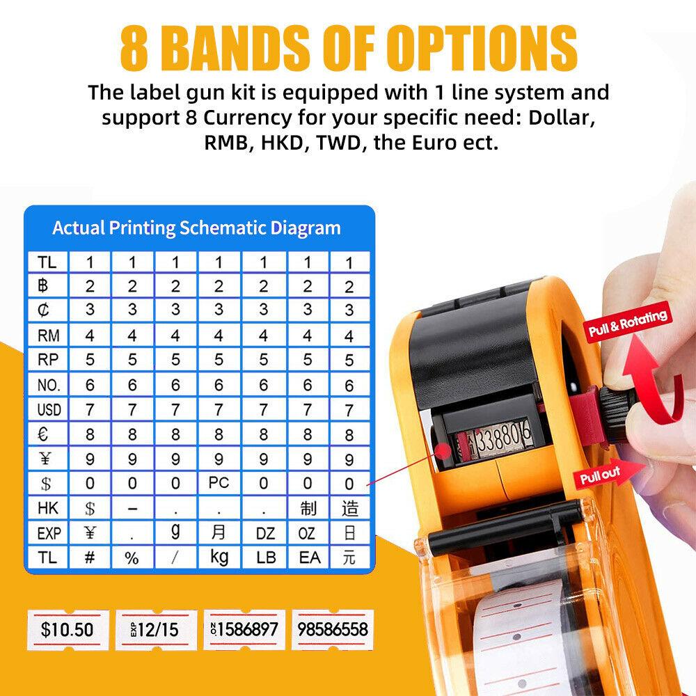 Price Tag Gun Labeller Pricing with 2 Rolls Labels and Inks Roller Machine Kit Red V255-DATEGUN-RED