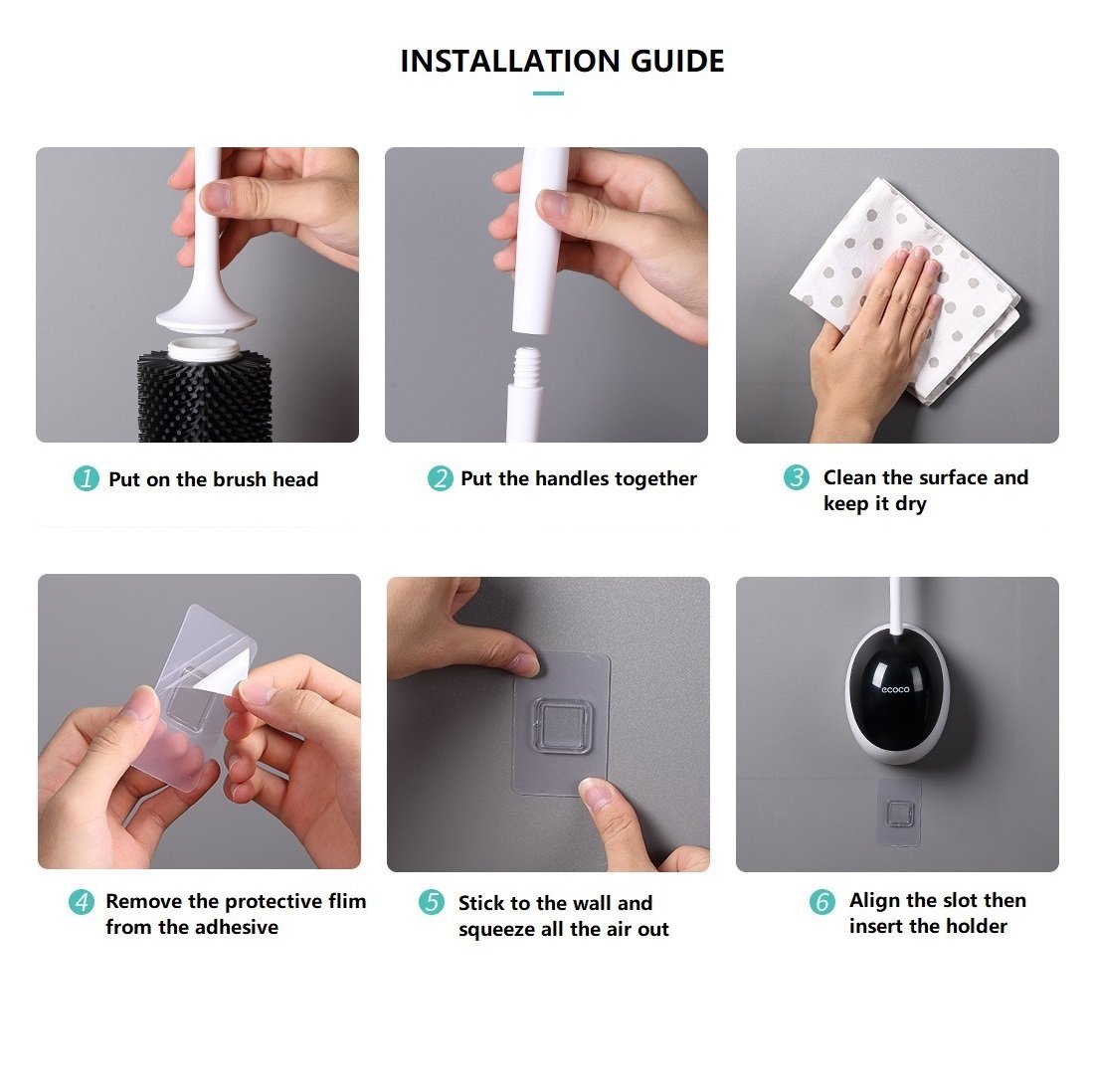 Ecoco Silicone Water Drop Toilet Brush Holder Set Wall-Mounted Cleaning Brush Tool Grey V255-E2023-G