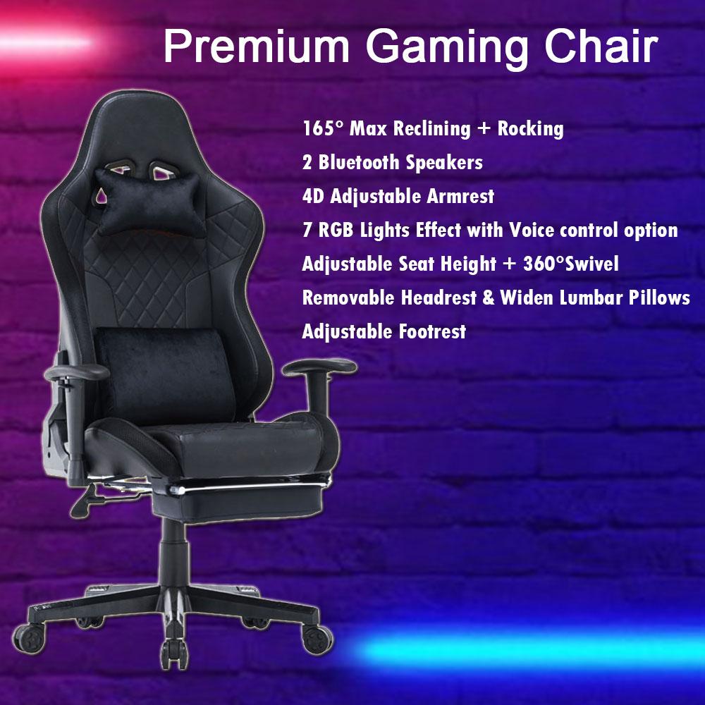 7 RGB Lights Bluetooth Speaker Gaming Chair Ergonomic Racing chair 165 degrees Reclining Gaming Seat 4D V255-GCHAIR-34-BBLACK