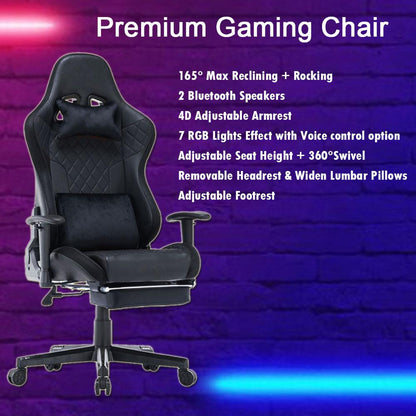 7 RGB Lights Bluetooth Speaker Gaming Chair Ergonomic Racing chair 165 degrees Reclining Gaming Seat 4D V255-GCHAIR-34-BBLACK