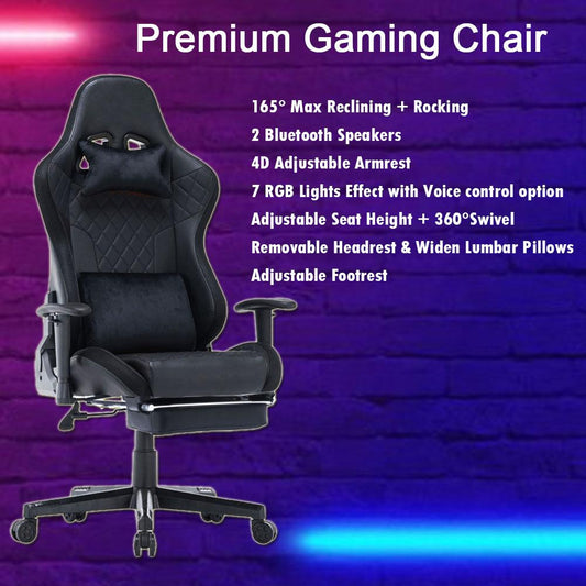 7 RGB Lights Bluetooth Speaker Gaming Chair Ergonomic Racing chair 165 degrees Reclining Gaming Seat 4D V255-GCHAIR-34-BBLACK