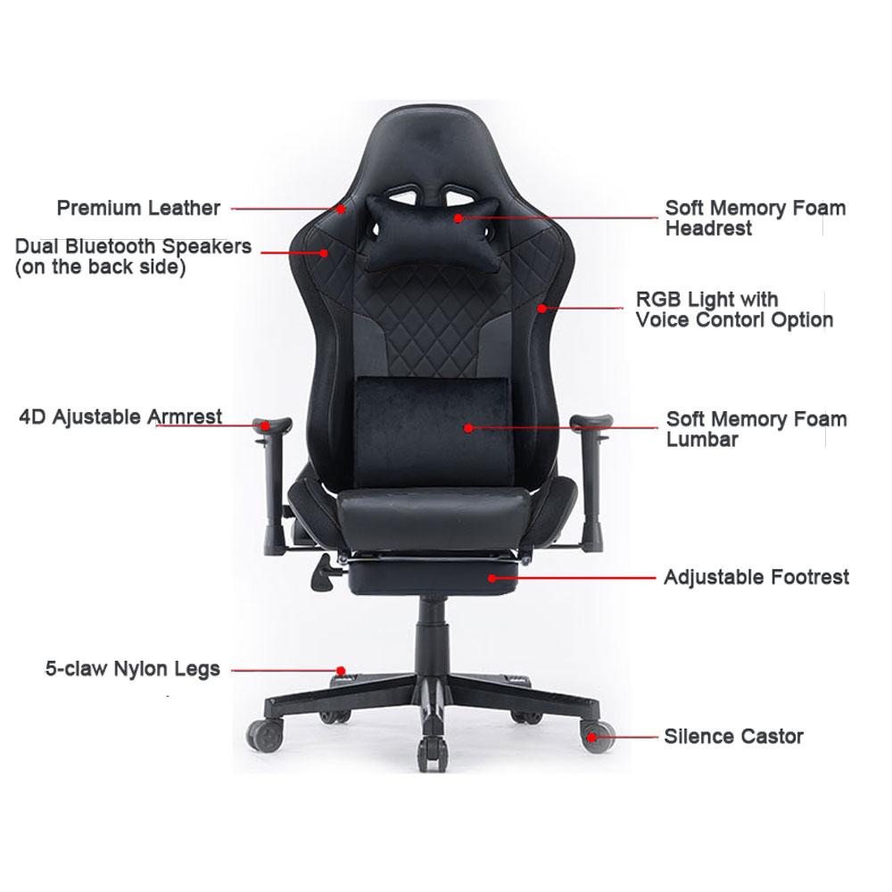 7 RGB Lights Bluetooth Speaker Gaming Chair Ergonomic Racing chair 165 degrees Reclining Gaming Seat 4D V255-GCHAIR-34-BBLACK