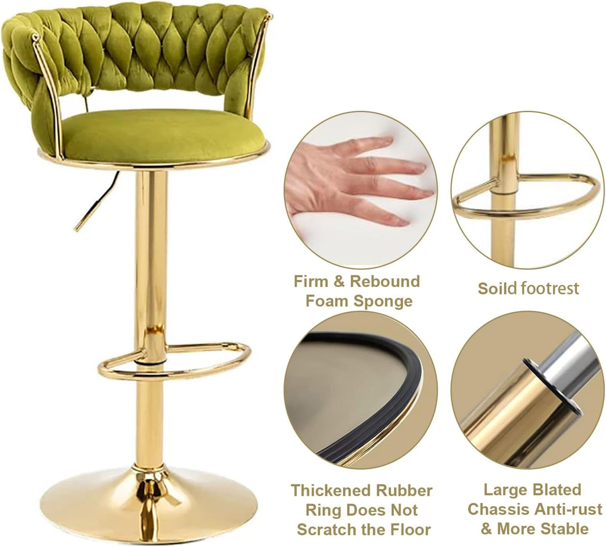 SERENITa 2x Height Adjustable Swivel Bar Stool Velvet Golden Base Barstools Chairs Padded Seat Olive Green V255-GP1762_OLIVEGREEN