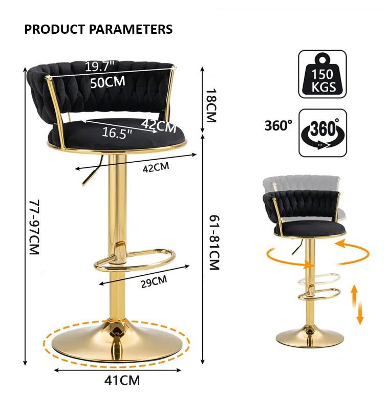SERENITa Black Velvet Seat Kitchen Breakfast Bar Stools Counter Height Barstools with Back Cushioned Chairs V255-GP1763-BLACK
