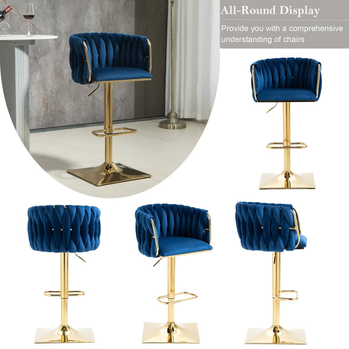 SERENITa Modern Velvet Breakfast Bar Stools Swivel Barstools Adjustable Counter Stools with Backrest Set of 2 V255-GP1782R-BLUE