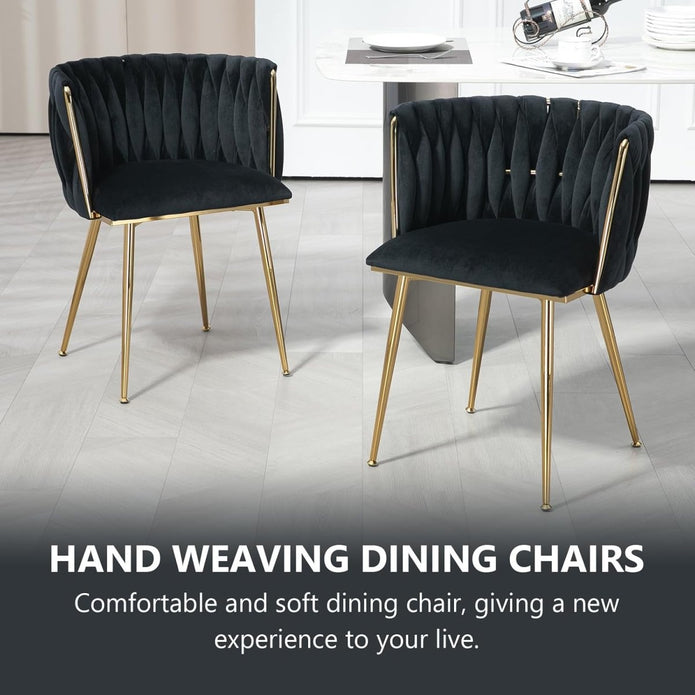 SERENITa Black Modern Hand Weaving Dining Chairs,Velvet Upholstered Side Chairs with Gold Legs, Chic Vanity V255-GP1800-DC-BLACK