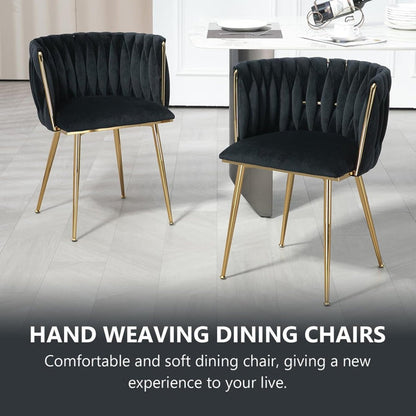 SERENITa Black Modern Hand Weaving Dining Chairs,Velvet Upholstered Side Chairs with Gold Legs, Chic Vanity V255-GP1800-DC-BLACK
