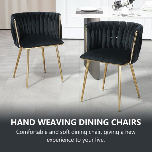 SERENITa Black Modern Hand Weaving Dining Chairs,Velvet Upholstered Side Chairs with Gold Legs, Chic Vanity V255-GP1800-DC-BLACK