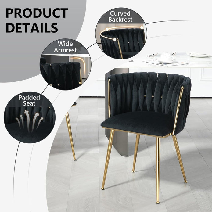 SERENITa Black Modern Hand Weaving Dining Chairs,Velvet Upholstered Side Chairs with Gold Legs, Chic Vanity V255-GP1800-DC-BLACK