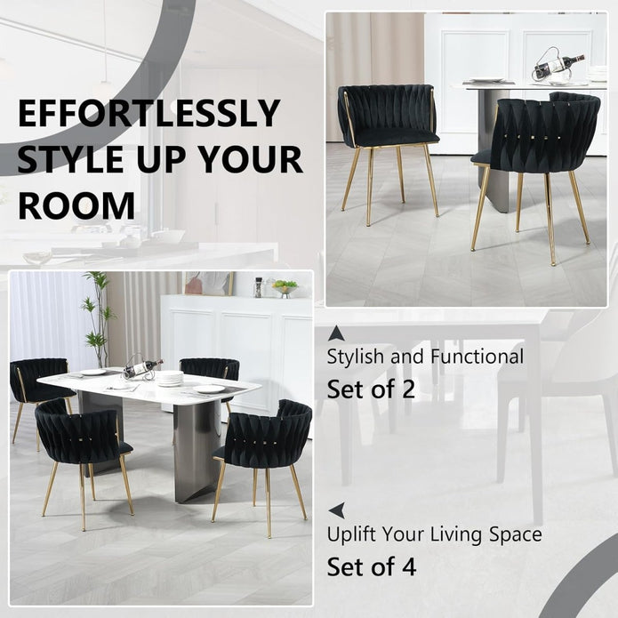 SERENITa Black Modern Hand Weaving Dining Chairs,Velvet Upholstered Side Chairs with Gold Legs, Chic Vanity V255-GP1800-DC-BLACK