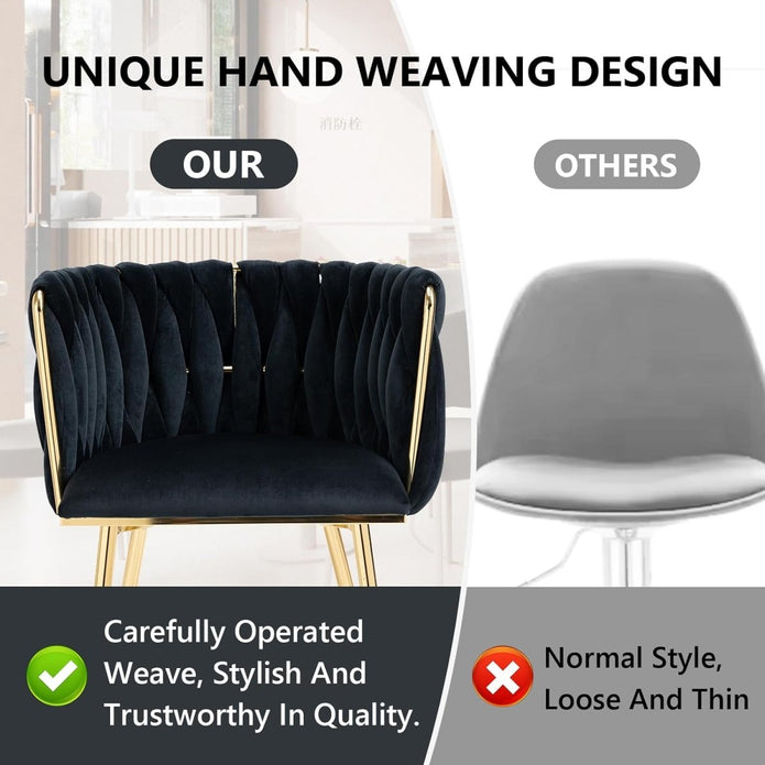SERENITa Black Modern Hand Weaving Dining Chairs,Velvet Upholstered Side Chairs with Gold Legs, Chic Vanity V255-GP1800-DC-BLACK
