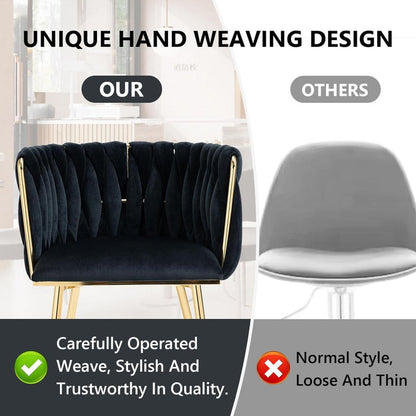 SERENITa Black Modern Hand Weaving Dining Chairs,Velvet Upholstered Side Chairs with Gold Legs, Chic Vanity V255-GP1800-DC-BLACK
