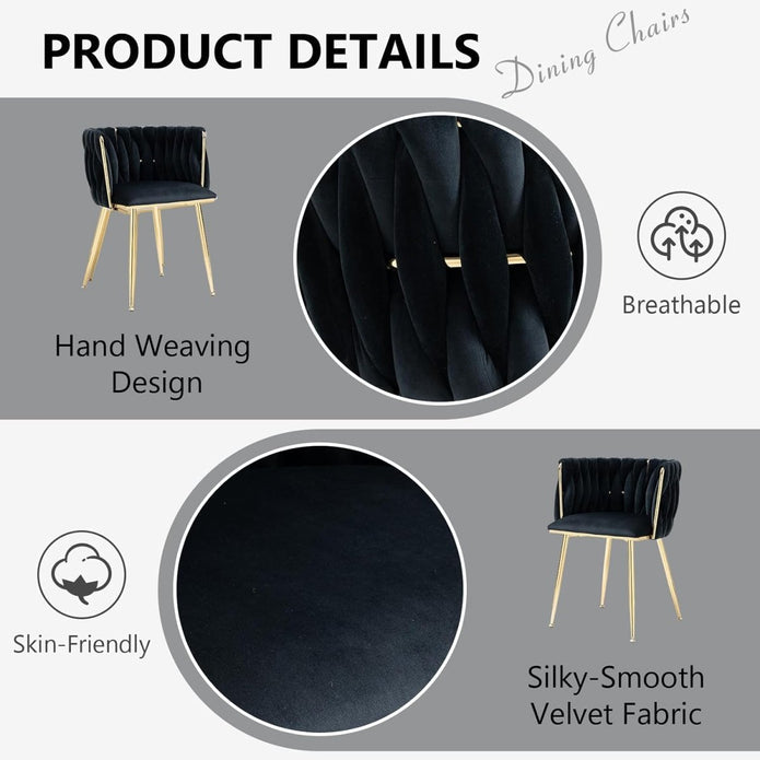 SERENITa Black Modern Hand Weaving Dining Chairs,Velvet Upholstered Side Chairs with Gold Legs, Chic Vanity V255-GP1800-DC-BLACK