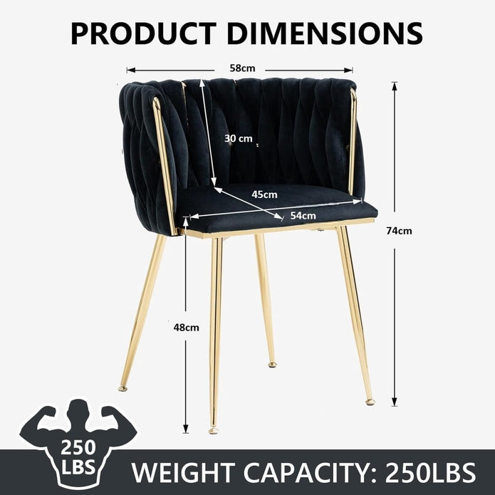 SERENITa Black Modern Hand Weaving Dining Chairs,Velvet Upholstered Side Chairs with Gold Legs, Chic Vanity V255-GP1800-DC-BLACK