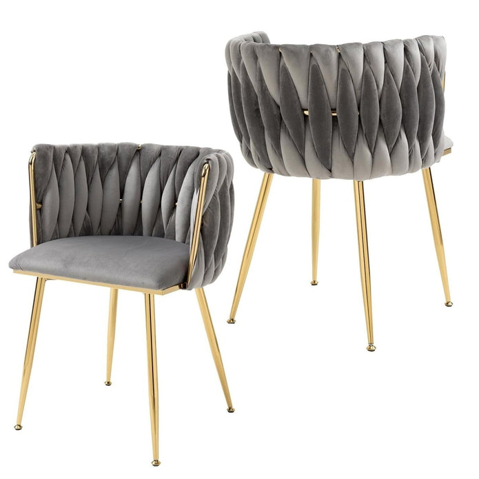 SERENITa Grey Modern Hand Weaving Dining Chairs,Velvet Upholstered Side Chairs with Gold Legs, Chic Vanity V255-GP1800-DC-GREY