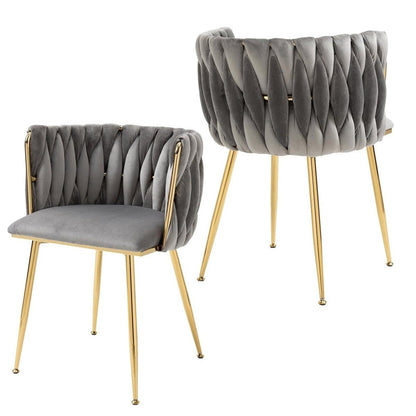 SERENITa Grey Modern Hand Weaving Dining Chairs,Velvet Upholstered Side Chairs with Gold Legs, Chic Vanity V255-GP1800-DC-GREY