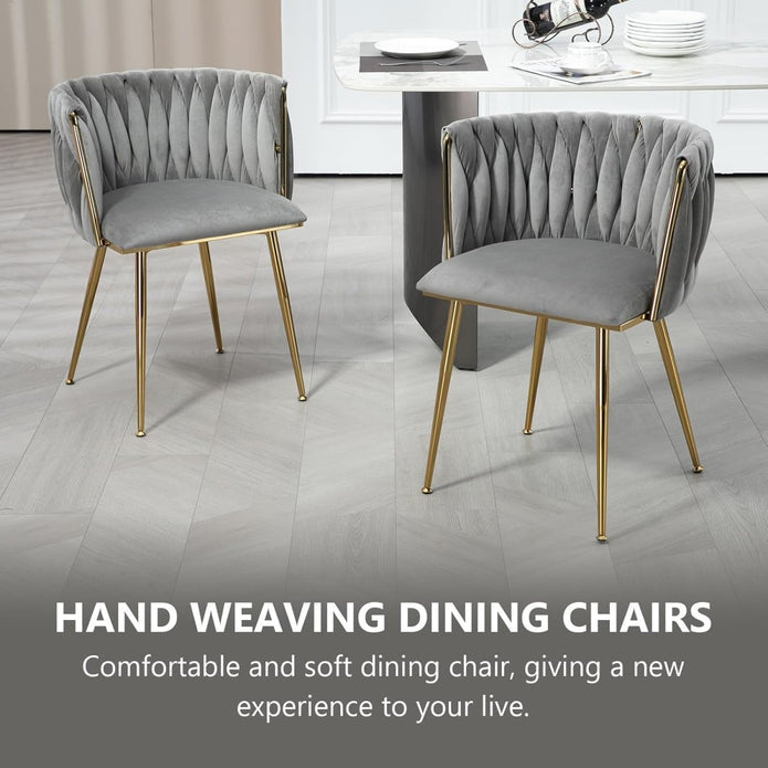 SERENITa Grey Modern Hand Weaving Dining Chairs,Velvet Upholstered Side Chairs with Gold Legs, Chic Vanity V255-GP1800-DC-GREY