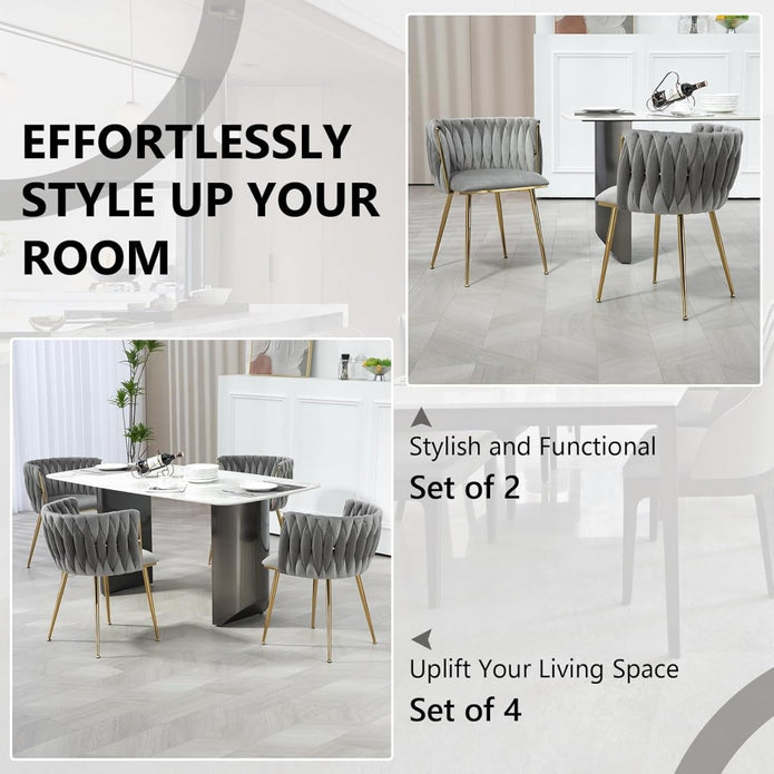 SERENITa Grey Modern Hand Weaving Dining Chairs,Velvet Upholstered Side Chairs with Gold Legs, Chic Vanity V255-GP1800-DC-GREY