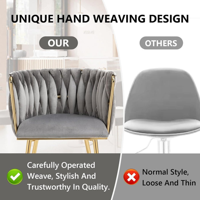 SERENITa Grey Modern Hand Weaving Dining Chairs,Velvet Upholstered Side Chairs with Gold Legs, Chic Vanity V255-GP1800-DC-GREY