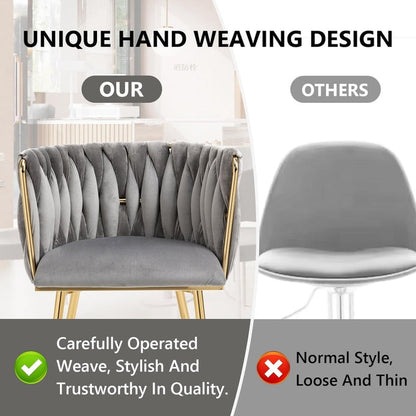 SERENITa Grey Modern Hand Weaving Dining Chairs,Velvet Upholstered Side Chairs with Gold Legs, Chic Vanity V255-GP1800-DC-GREY