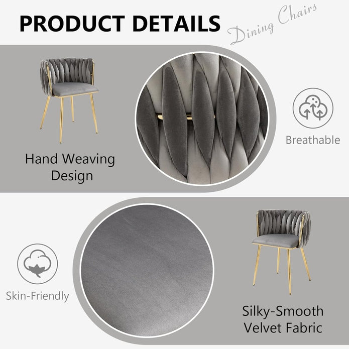 SERENITa Grey Modern Hand Weaving Dining Chairs,Velvet Upholstered Side Chairs with Gold Legs, Chic Vanity V255-GP1800-DC-GREY