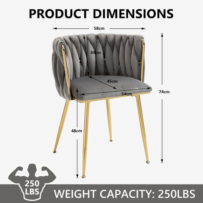 SERENITa Grey Modern Hand Weaving Dining Chairs,Velvet Upholstered Side Chairs with Gold Legs, Chic Vanity V255-GP1800-DC-GREY