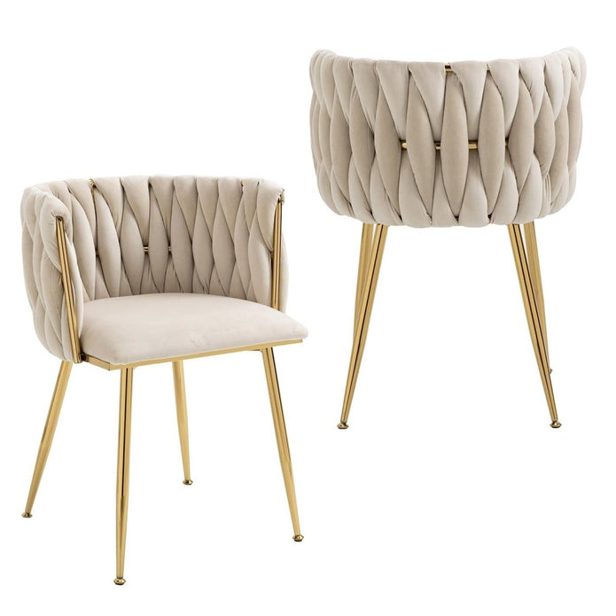 SERENITa Ivory Modern Hand Weaving Dining Chairs,Velvet Upholstered Side Chairs with Gold Legs, Chic Vanity V255-GP1800-DC-IVORY