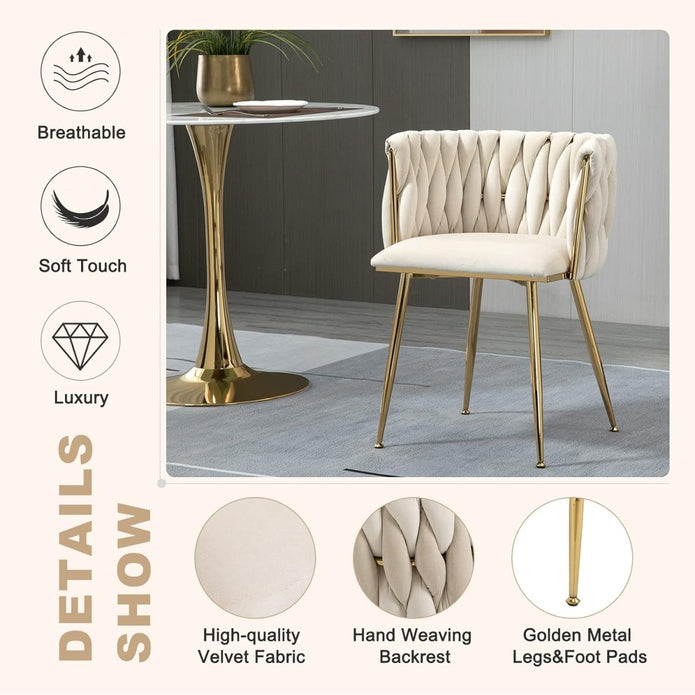 SERENITa Ivory Modern Hand Weaving Dining Chairs,Velvet Upholstered Side Chairs with Gold Legs, Chic Vanity V255-GP1800-DC-IVORY