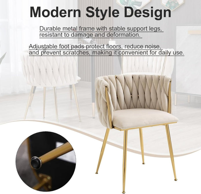 SERENITa Ivory Modern Hand Weaving Dining Chairs,Velvet Upholstered Side Chairs with Gold Legs, Chic Vanity V255-GP1800-DC-IVORY