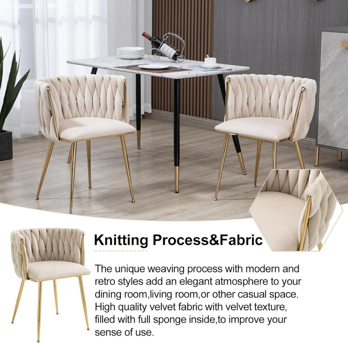 SERENITa Ivory Modern Hand Weaving Dining Chairs,Velvet Upholstered Side Chairs with Gold Legs, Chic Vanity V255-GP1800-DC-IVORY