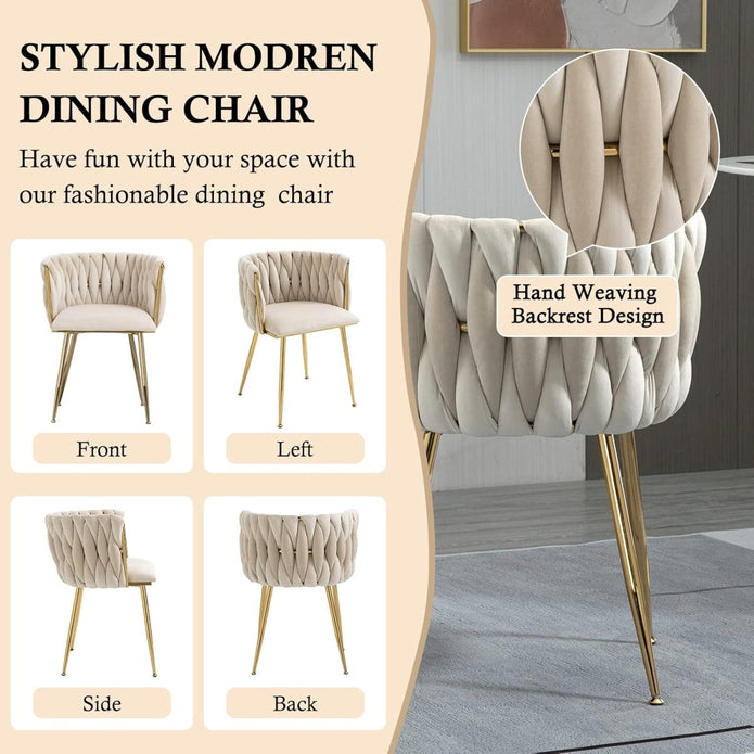 SERENITa Ivory Modern Hand Weaving Dining Chairs,Velvet Upholstered Side Chairs with Gold Legs, Chic Vanity V255-GP1800-DC-IVORY