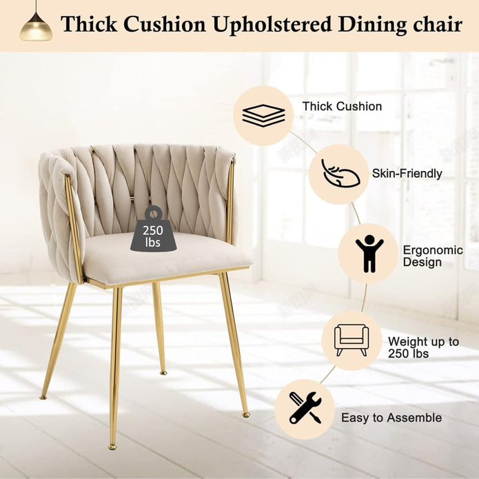 SERENITa Ivory Modern Hand Weaving Dining Chairs,Velvet Upholstered Side Chairs with Gold Legs, Chic Vanity V255-GP1800-DC-IVORY