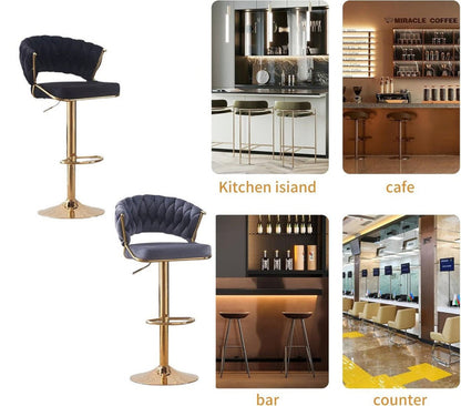 2x Height Beige Velvet Padded Golden Round Base Barstools Chairs V255-GP1802R-BEIGE