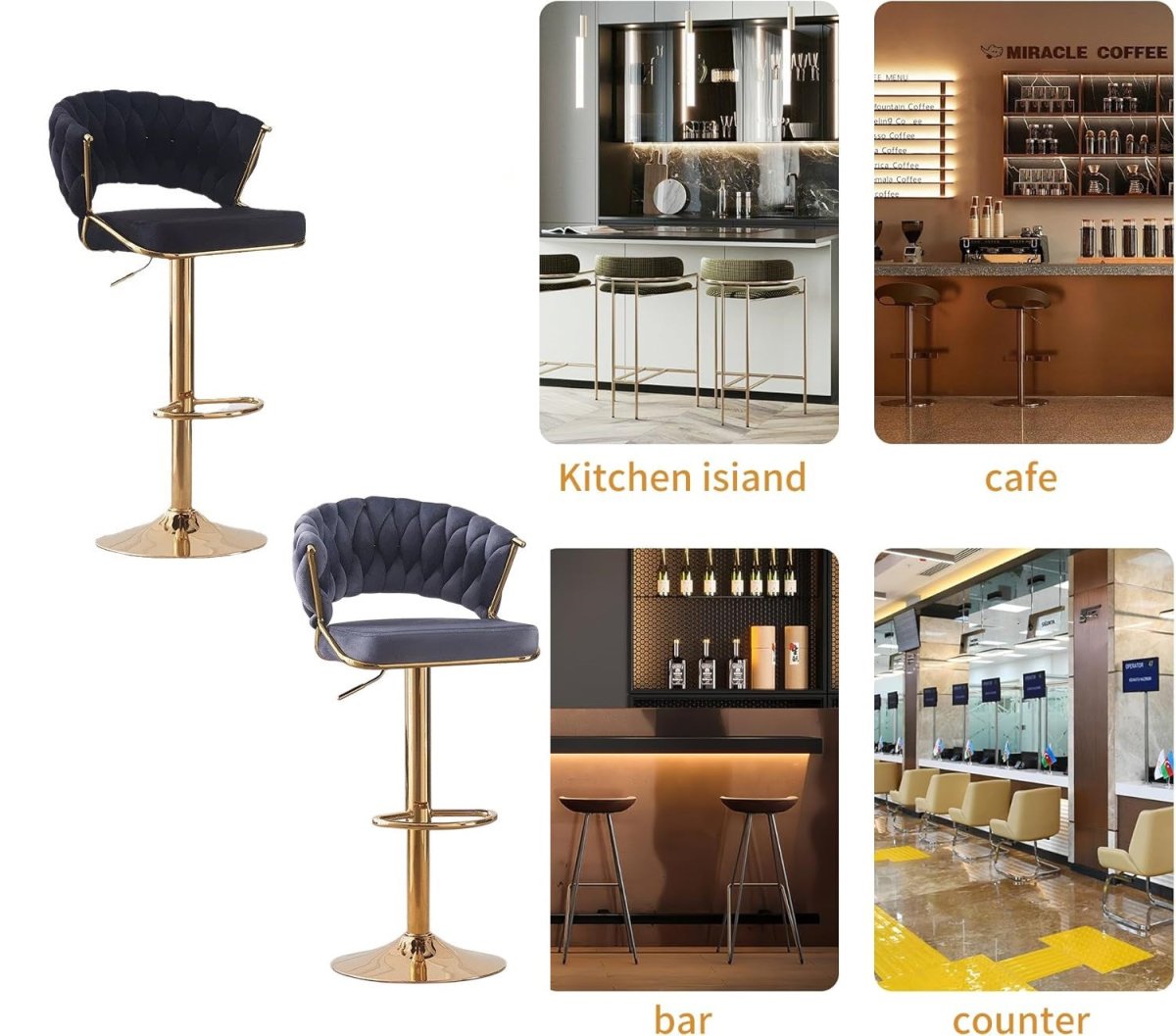 2x Height Blue Velvet Padded Golden Round Base Barstools Chairs V255-GP1802R-BLUE